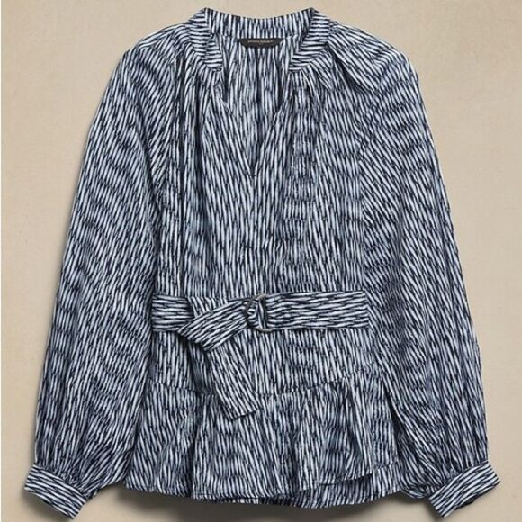 Banana Republic Factory Navy and Light Blue Ikat  Long Sleeve Peplum Blouse - Picture 3 of 11
